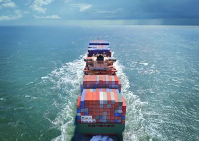 Rear view of a cargo ship in transit